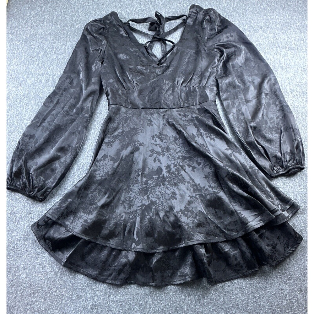 Allison & Kelly Dress Womens Small Black Puff‎ Sleeve Corset Tie Silk Event New - Picture 2 of 13